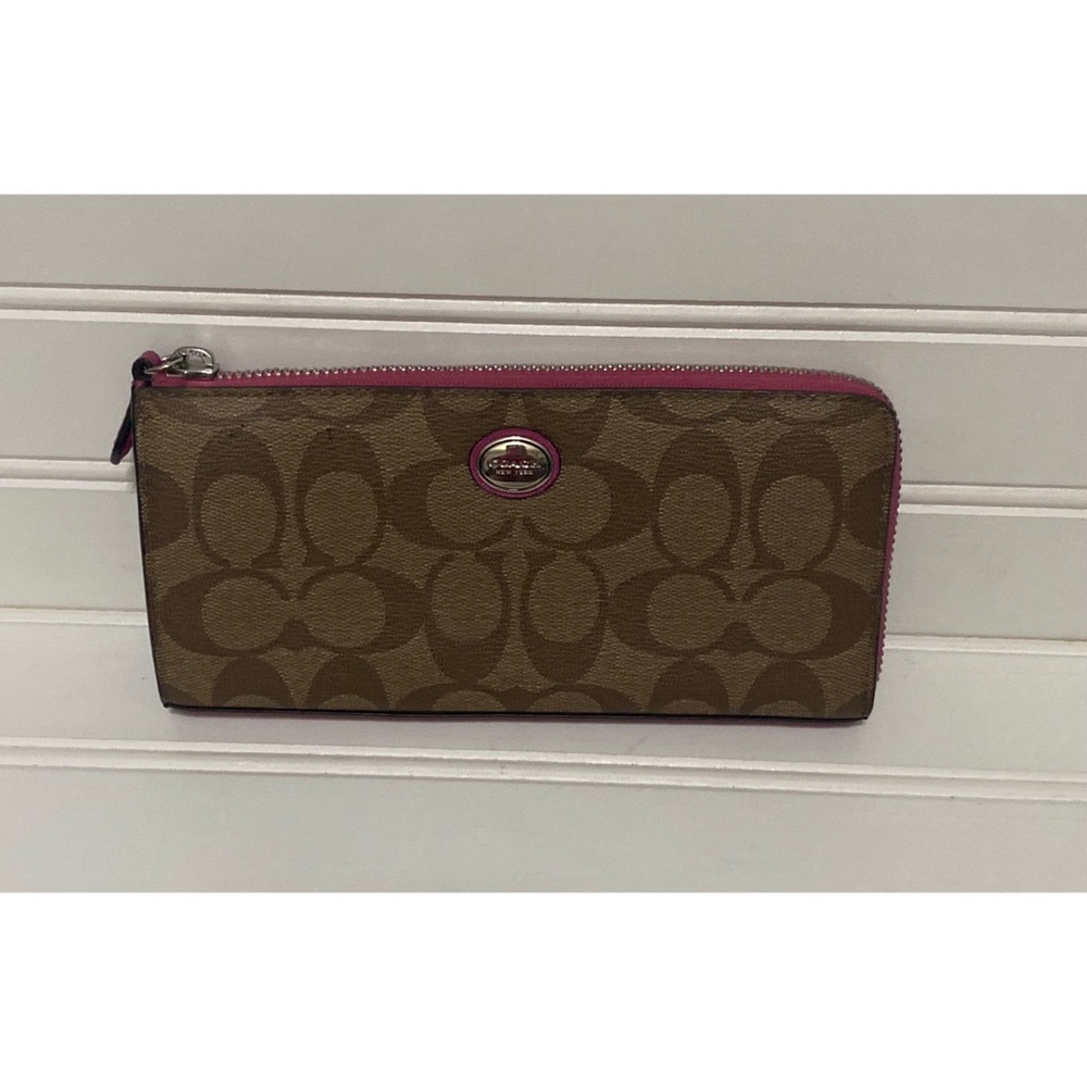 Coach Peyton Brown Signature Canvas Pink Accents Large Accordian Zip Wallet